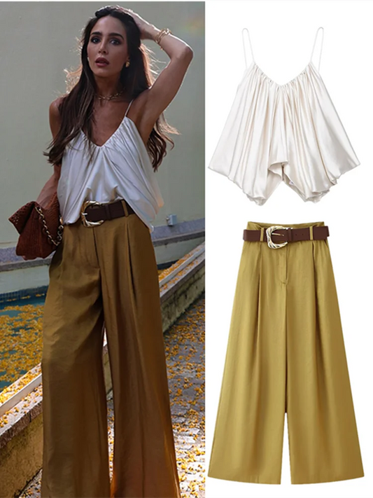 Elegant Women Vest Pants Set Solid Sling V-neck Backless Tops Belt Zipper Wide Leg Long Trouser Lady Suit Summer Chic Streetwear Saison & Style